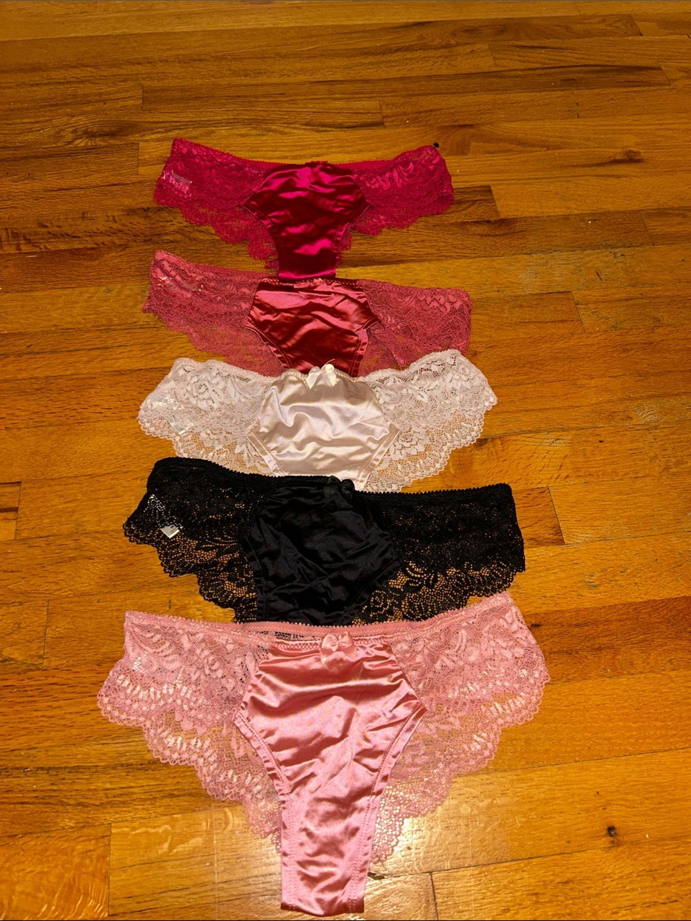 Bundle of five Lace-Trim Satin Bikini Panty - Black, White, Rose, Fuchsia